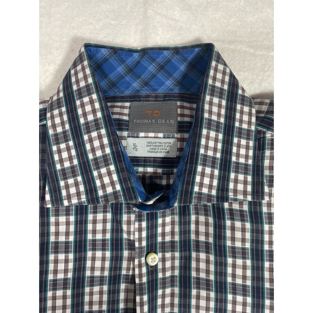 Thomas Dean Mens XL Plaid Button Down Shirt 100% Cotton Shirtmakers Cloth Blue